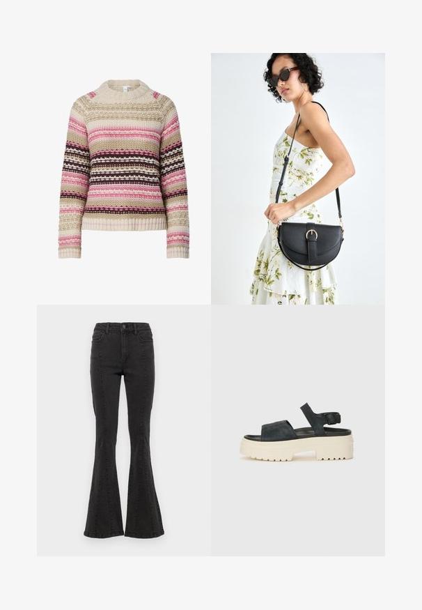 Sweater de malha em creme, rosa e castanho com gola redonda, riscas horizontais e padrões texturizados em toda a peça. Punhos e barra canelados.; Calças de ganga flared pretas com cintura alta, apresentando costuras laterais e um acabamento limpo na bainha. O tecido tem uma textura suave com ligeira elasticidade.; Sandálias de plataforma em camurça preta com uma sola branca e grossa, tiras frontais largas e fivela ajustável no tornozelo. Sola texturizada para melhor aderência.; Bolsa de couro preta com forma curva, alça destacável e detalhes em dourado. A bolsa possui uma aba com detalhe de fivela.