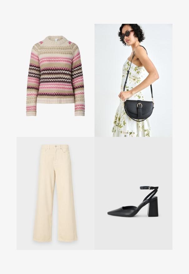 Kreemika, roosa ja pruuni lõngaga kootud sviiter, millel on ümar kaelus, horisontaalsed triibud ja tekstuurilised mustrid. Ribiga mansetid ja ääred.; Bežid laiad teksad, mis on valmistatud puuvillast. Omab nööbilukku, vöökohakujusid ja eesmine taskuid, millel on sile ja pehme tekstuur.; Mustmustest must-käigukingad, millel on konksuga nöör ja paks konts. Ühtlane tekstuur, stiilne disain ja minimalistlik esteetika.; Mustmust mustraha kõverate joontega, eemaldatava rihmaga ja kuldsete detailidega. Kotil on klapp, millel on pandladetail.