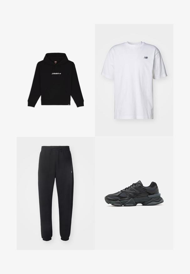 Felpa nera realizzata in tessuto misto cotone con tasca frontale a marsupio. Presenta la scritta bianca "Dickies" nella zona del petto.; T-shirt bianco a maniche corte con scollo rotondo e piccolo logo nero New Balance sul lato sinistro del petto, su uno sfondo neutro.; Pantaloni della tuta neri realizzati in materiale morbido con vita elastica, coulisse e polsini aderenti, caratterizzati da un logo sottile sul lato.; Scarpa da corsa nera con una combinazione di materiali in rete e sintetici, suola spessa, design curvo e marchio ben visibile sul lato.