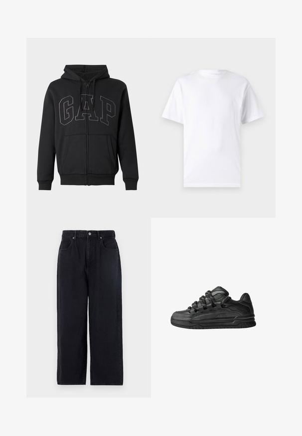 Černá mikina na zip s předními kapsami, kapucí na šňůrku a velkým vyšitým logem "GAP" na hrudi, uvnitř podšitá měkkým fleecem.; Bílá tričko s krátkým rukávem vyrobené z bavlny s kulatým výstřihem, s hladkou texturou a jednoduchým designem bez vzorů nebo akcentů.; Černé džíny s rovnými nohavicemi, které mají pět kapes, zapínání na knoflík a čistý střih. Odolná tkanina s matnou texturou.; Černé tenisky s hladkým koženým svrškem, texturovanými akcenty a kulatými černobílými tkaničkami. Silná gumová podrážka s vzorovaným dezénem.