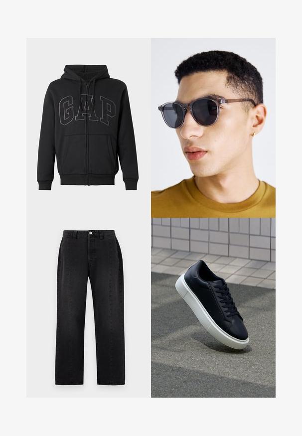 Crna dukserica na zip s prednjim džepovima, kapuljača s vezicom i velikim izvezenim "GAP" logotipom preko prsa, obložena mekim flisom iznutra.; Crne traperice od denima s ravnim krojem. Imaju kopčanje na gumb, omče za remen i dva bočna džepa. Glatka tekstura, bez vidljivih uzoraka.; Crne kožne tenisice s zaobljenim vrhom i bijelim gumiranim potplatom. Imaju ravne vezice i minimalno šivanje na gornjem dijelu. Teksturirani potplat za bolje prianjanje.; Sive naočale u obliku kruga s transparentnim okvirom, s tamnim staklima i tankim, elegantnim drškama. Nosila ih je osoba s kratkom kovrčavom kosom.