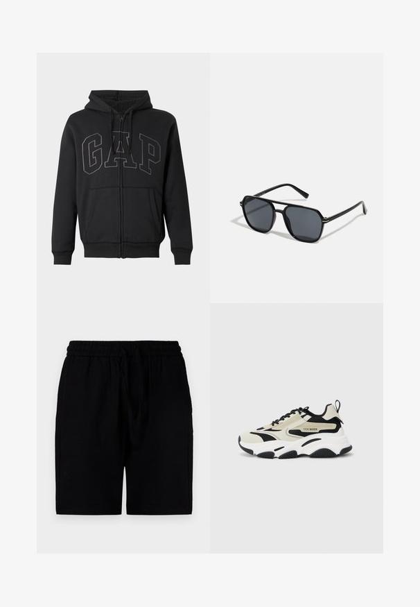 Juoda zip-up gobtuvėlė su priekinėmis kišenėmis, su raišteliu reguliuojamu gobtuvu ir dideliu siuvinėtu "GAP" logotipu per krūtinę, viduje pamušalu iš švelnios fliso medžiagos.; Juodi šortai, pagaminti iš lengvos medžiagos, su elastingu juosmeniu ir raištine, šoninėmis kišenėmis ir laisvu kirpimu.; Šviesiai rusvas ir juodas orui pralaidus viršus, baltas vidinis padas, juodas guminis padas ir logotipo detalės šone.; Juodos akiniai nuo saulės su aštuonkampiu rėmeliu, tamsiais objektyvais, blizgiu paviršiumi, plonomis šakutėmis ir auksinėmis akcentais priekyje.