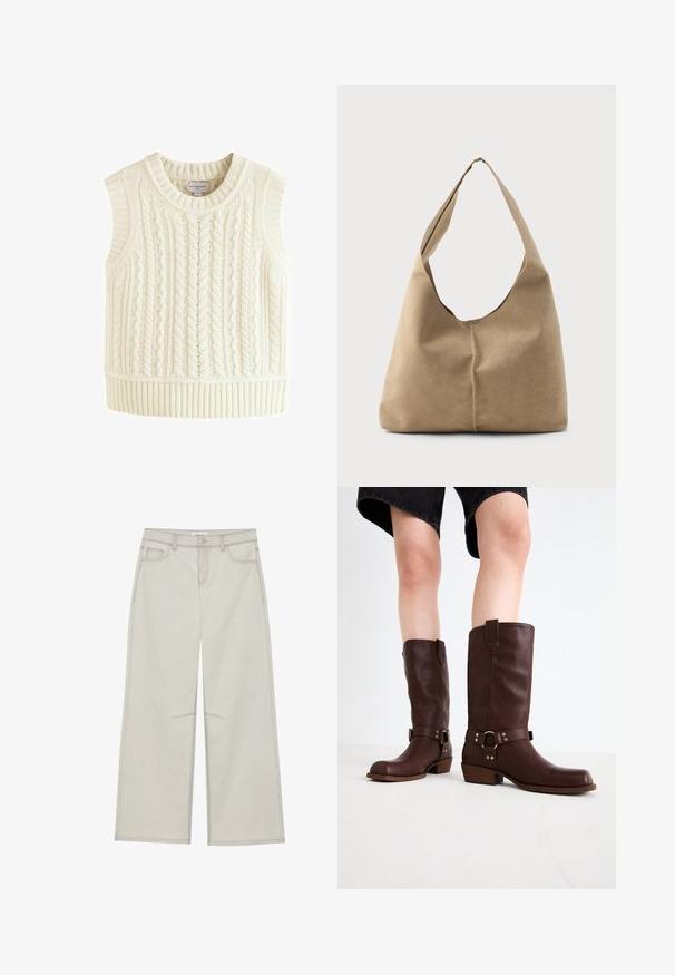 Ärmelloser Pullover aus Lammwolle in Off-White, mit einem strukturierten Zopfmuster und einem gerippten Saum sowie Armöffnungen für eine eng anliegende Passform.; Hellgraue, weit geschnittene Hose mit fünf Taschen, vorderem Knopfverschluss und kontrastierenden Nähten. Der Stoff wirkt weich und langlebig.; Braune kniehohe Stiefel aus Leder mit runder Zehenform, strukturiertem Obermaterial, Knöchelriemen und silbernen Hardware-Details; mit gestapeltem Absatz.; Hobo-Tasche aus weichem beigen Wildleder mit einer lässigen Form, breitem Schulterriemen und einer handgestickten Nahtdetail entlang der Vorderseite.