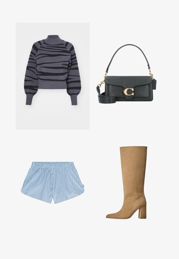 ONLY - Sweter; Niebieskie i białe krótkie spodenki w paski z elastycznym pasem, dwoma guzikami z przodu i luźnym krojem. Tkanina wydaje się gładka i lekka w dotyku.; Karmowe zamszowe botki do kolan na słupku, z ostrym noskiem i gładką fakturą. Minimalistyczny design bez ozdób.; Czarna skórzana torba na ramię z akcentami w kolorze złotym, wyposażona w charakterystyczne zapięcie, odpinany pasek na ramię oraz teksturowaną powierzchnię.