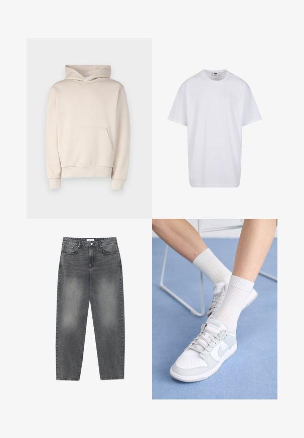 Beige színű kapucnis pulóver, puha anyagból készült, elöl zsebbel, bordázott mandzsettákkal és húzózsinórral ellátva. Egyszerű, díszítés nélküli kialakítás.; Fehér pamut póló rövid ujjal, kerek nyakú, laza szabású, és nincsenek látható logók vagy minták. Simább textúra és minimalista dizájn.; Magasan szabott, bővebb szabású farmernadrág fakó fekete denim anyagban. Öt zsebbel, övhurkokkal és tiszta, egyenes lábszár dizájnnal rendelkezik.; Fehér sportcipők világoskék részletekkel, bőr felsőrésszel, perforált orral, vastag fűzőkkel és bordázott fehér zoknikkal, kék háttér előtt.