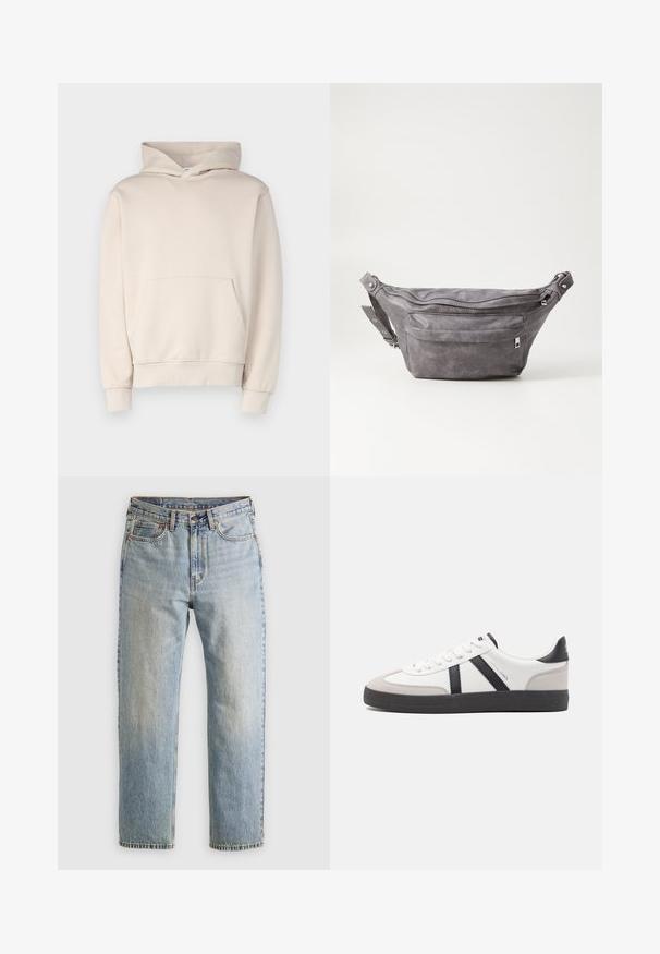 Felpa beige realizzata in tessuto morbido, con tasca anteriore a marsupio, polsini a coste e cappuccio con coulisse. Design semplice e senza fronzoli.; Jeans in denim azzurro chiaro con vita alta, bottone anteriore, cerniera e design a cinque tasche, adagiati su uno sfondo neutro.; Sneaker bianco con accenti neri e grigi, dotata di una punta grigia testurizzata, suola in gomma nera e lacci bianchi piatti. Design pulito, stile minimalista.; Fanny pack in suede grigio con forma arrotondata, due scomparti con cerniera e tracolla regolabile. Presenta dettagli in metallo.