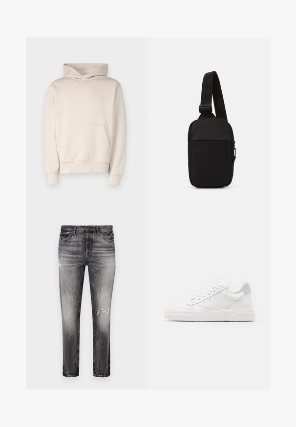 Hanorac bej dintr-un material moale, cu un buzunar central, mansete ribbate și glugă cu șnur. Design simplu, neornat.; Jeans din denim negru estompat, cu croi drept, având zone deteriorate, buzunare frontale și o închidere clasică cu buton.; Adidași din piele albă cu un finisaj neted, vârf rotunjit, șireturi plate și o talpă texturată. Accente din piele întoarsă gri la călcâi.; Geantă crossbody neagră, confecționată dintr-un material rezistent, dotată cu o curea ajustabilă, un compartiment principal cu fermoar și o buzunar frontal.