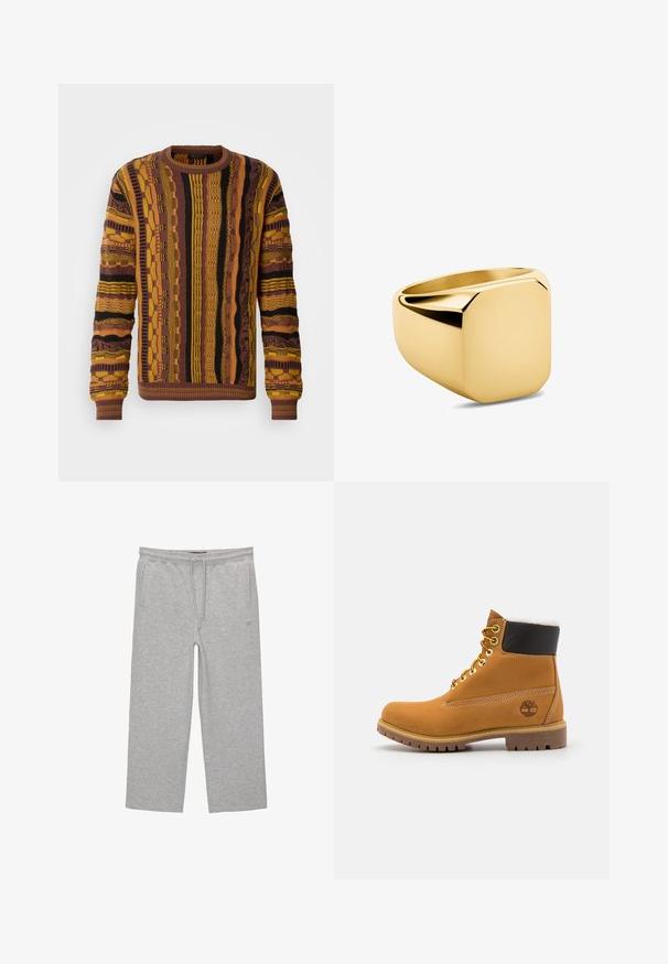 Strikketrøje i brun, gul og sort med lodrette mønstre. Har ribbede manchetter og krave samt strukturdetaljer overalt.; Grå bomulds-loungebukser med elastisk talje, snor og to sidelommer; lige ben-design, blød tekstur, uden mønstre.; Brune læder ankelstøvle med metaløjer, hvid pelsforing, sort polstret krave, robust sål og præget logo på siden.; Guld ring med en glat, poleret overflade og en firkantet top. Designet har rene linjer og en tyk band, der skaber en moderne æstetik.