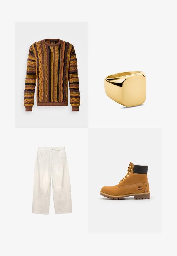 Strikketrøje i brun, gul og sort med lodrette mønstre. Har ribbede manchetter og krave samt strukturdetaljer overalt.; Hvide denim bukser med vidde og høj talje, fremadskuende lommer og synlige stikninger. Stoffet har en glat tekstur og struktureret form.; Brune læder ankelstøvle med metaløjer, hvid pelsforing, sort polstret krave, robust sål og præget logo på siden.; Guld ring med en glat, poleret overflade og en firkantet top. Designet har rene linjer og en tyk band, der skaber en moderne æstetik.