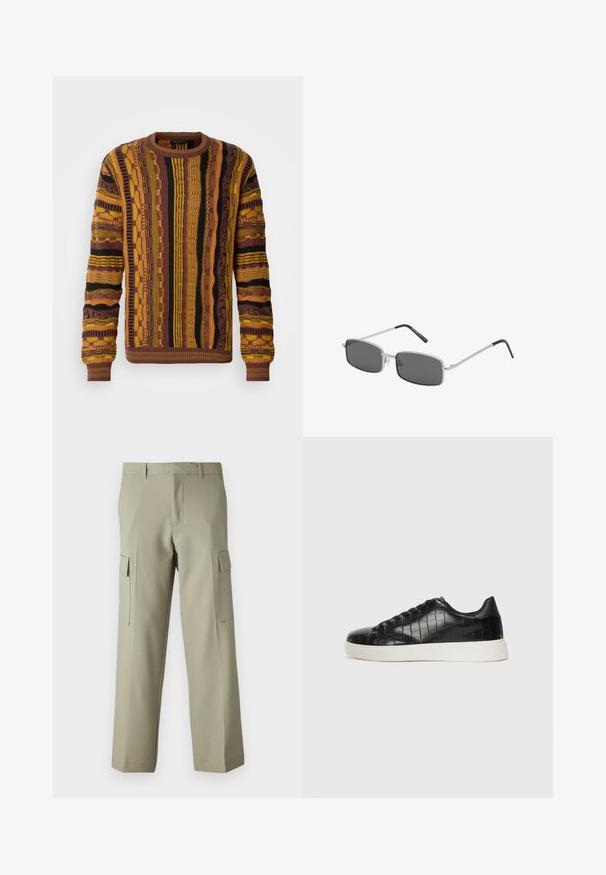 Punutud sviiter pruunis, kollases ja mustas värvitoonis, millel on vertikaalsed mustrid. Omab soonikääre ja kaelust, tekstureeritud detailid kogu ulatuses.; Heledad roheline cargo püksid sirge säärega disainiga, küljes olevate taskutega ja sujuva kangatekstuuri. Kuvatud tagantvaade.; Mustad mustad mustad kroko-reljeefiga nahast ülemine osa, ümar varvas ja kontrastne valge kummitald, millel on sile viimistlus.; Käikuv vormi prillid tumedate hallide läätsedega, õhuke hõbedane metallraam ja musta kummiga kaetud templite otsad. Minimalistlik disain.