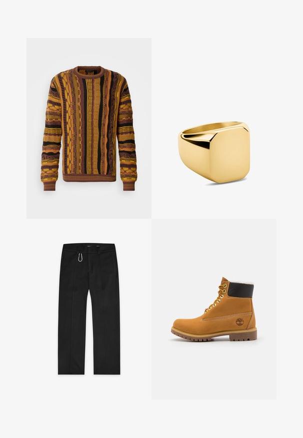 Knit sweater in brown, yellow, and black with vertical patterns. Features ribbed cuffs and neckline, textured detailing throughout.; Black trousers made from woven fabric, featuring a straight-leg design, two side pockets, a front zipper, and an exterior loop detail.; Brown leather ankle boot with metal eyelets, white fur lining, black padded collar, rugged sole, and embossed logo on the side.; Gold ring with a smooth, polished surface and a square top. The design features clean lines and a thick band, creating a modern aesthetic.