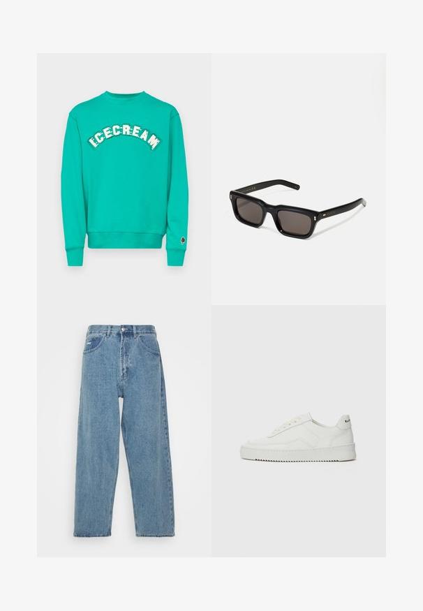 Tyrkysová mikina s okrúhlym výstrihom, na prednej strane s nápisom "ICECREAM" v bielej a zelenej farbe a s grafikou hnedého nanuku na rukáve.; Biela kratkosrstá bavlnená tričko s okrúhlym výstrihom. Jednoduchý dizajn bez vzorov alebo akcentov. Hladká textúra.; Svetlo modré džínsy s vysokým pásom a voľným strihom, s dvoma prednými vreckami, zadným nášivkovým vreckom a zapínaním na gombík.; Biele kožené tenisky s hladkým povrchom, okrúly špičkový dizajn, ploché šnúrky a textúrovaná podrážka. Obsahujú jemné logo na päte.; Čierne obdĺžnikové slnečné okuliare s tmavými sklami, hrubým plastovým rámom, zlatými detailami na spánkoch a vygravírovaným logom značky na ramene.