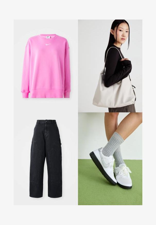 Rosa Nike sweatshirt med rund hals, lange ermer og en hvit logo på brystet. Myk stoff med ribbede mansjetter og kant.; Sorte denim bredbukser med høy livlinje, to store frontlommer og kneppestang i midjen. Glatt tekstur, uformelt design.; Hvite joggesko med grå detaljer, svart gummisåle og hvite snørebånd, sammen med lysegrå ribbede sokker, plassert på grønn overflate.; Beige håndveske laget av mykt materiale, med en slapp design, sydd detaljer og to skulderstropper. Passer for daglig bruk.