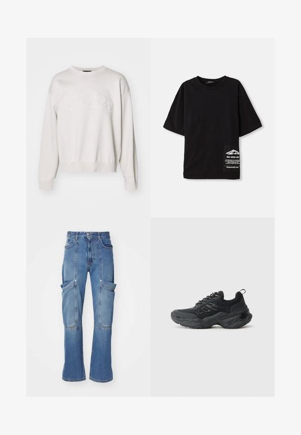 Felpa bianca a maglia con scollatura rotonda e orlo a coste. Presenta un design del logo testurizzato sul davanti e maniche a spalla cadente.; Maglietta nera oversize in cotone, con maniche corte, scollo rotondo e un'etichetta con testo bianco su una tasca laterale.; Pantaloni cargo in denim azzurro chiaro con vita alta, multiple tasche laterali e gamba svasata, caratterizzati da cuciture a contrasto e chiusura con zip.; Scarpe atletiche nere con tomaia in mesh testurizzato, suola in gomma spessa e dettagli riflettenti. Presentano lacci spessi e una linguetta posteriore.