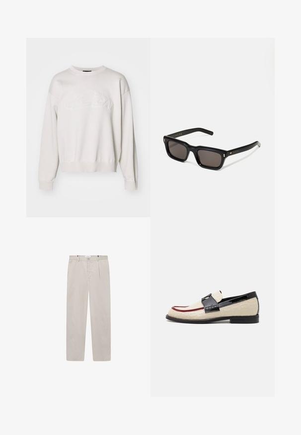 Felpa bianca a maglia con scollatura rotonda e orlo a coste. Presenta un design del logo testurizzato sul davanti e maniche a spalla cadente.; Pantaloni beige chiaro realizzati in tessuto morbido, con taglio dritto, due tasche laterali e chiusura con bottone anteriore. Texture leggera e morbida.; Mocassini beige con motivo stampato, striscia accentuata rossa e tacco nero lucido. Presentano una fascia con dettaglio a fibbia. Suola nera piatta.; Occhiali da sole neri rettangolari con lenti scure, montatura spessa in plastica, dettagli dorati sulle tempie e logo del marchio inciso sull'asta.
