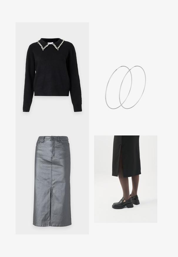 VILA VIPEARL O NECK - Džemperis - black; Metāliskā pelēkā denim svārku ar taisnu formu, priekšējo izgriezumu, piecu kabatu dizainu un pogu aizdari jostasvietā. Redzamas plakanas šuves.; Melni ādas apavi ar noapaļotu purngalu, biezām bloku papēžiem un elastīgiem sānu akcentiem, apvienoti ar tumšām zeķubiksēm un melnu svārku ar šķirbu.; Sudraba gredzenveida auskari ar minimālistisku dizainu. Cirkulāra forma, gluda tekstūra un plāns profils. Vieglu svaru ar spīdīgu apdari.