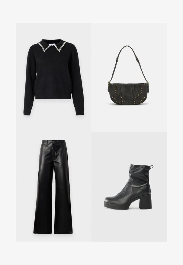 VILA VIPEARL O NECK - Πουλόβερ - black; Μαύρες παντελόνες ψηλής μέσης, φαρδιές, από τεχνικό δέρμα με μπροστινό κουμπί, φερμουάρ, θηλιές ζώνης και πλαϊνές τσέπες σε λευκό φόντο.; Μαύρες μποτές μέχρι τον αστράγαλο από λείο δέρμα, με πλευρικό φερμουάρ, χοντρό υφασμάτινο τακούνι και στρογγυλή μύτη.; Μαύρη σουέτ τσάντα χειρός με καμπυλωτό σχέδιο, διακοσμημένη με καρφιά και υφή στην επιφάνειά της. Ρυθμιζόμενος ιμάντας με λεπτομέρειες από καρφιά κατά μήκος της άκρης.