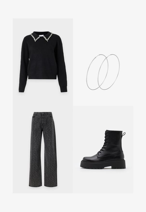 VILA VIPEARL O NECK - Svetrík - black; Noisy May NMJANNEL LOOSE - Džínsy voľného strihu - black denim; Čierne kožené členkové topánky s okrúhlou špičkou, šnurovaním vpredu a hrubou gumovou podrážkou s textúrovaným vzorom. Sťahovací pútko na zadnej strane.; Strieborné kruhové náušnice s minimalistickým dizajnom. Cirkulárny tvar, hladký povrch a tenký profil. Ľahké s lesklým povrchom.