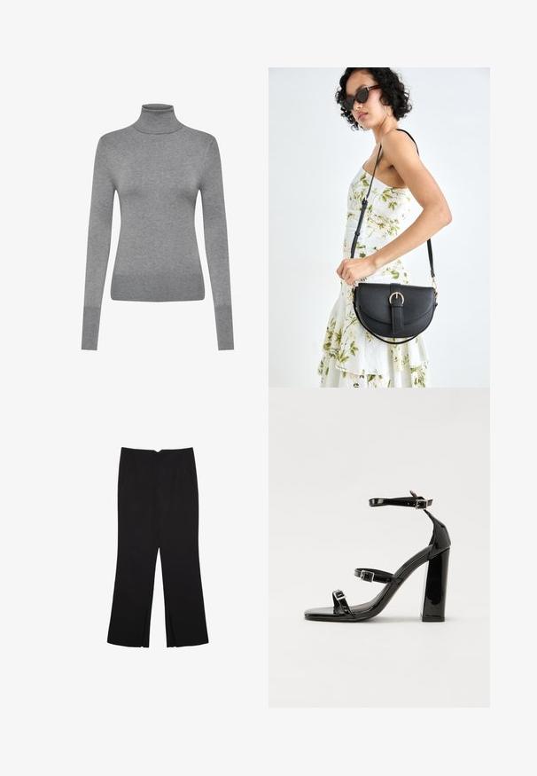 ONLY ONLVENICE ROLLNECK - Svetr - light grey melange; Černé kalhoty s rovným střihem, s předními kapsami a bočními rozparky na lemu. Vyrobené z jemné, hladké tkaniny. Vhodné na různé příležitosti.; Černé lakované sandály na podpatku se čtveratou špičkou, lýtkovými pásky a stříbrnými přezkami. Disponují masivním blokovým podpatkem pro stabilitu.; Černá kožená kabelka s křivkovým tvarem, odnímatelným popruhem a zlatými detaily. Kabelka má klopu s přezkou.