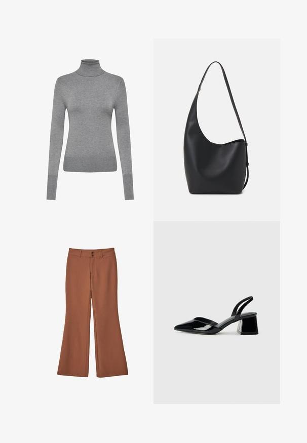 ONLY ONLVENICE ROLLNECK - Svetrík - light grey melange; Hnedé, rozšírené nohavice vyrobené z mäkkej látky. Obsahujú dva predné gombíky a majú hladkú textúru bez viditeľných vzorov alebo akcentov.; Čierne lakované kožené sandálové podpätky s špicatou špičkou a geometrickým blokovým podpätkom. Disponujú elegantným, minimalistickým dizajnom a hladkým povrchom.; Čierna kožená hobo taška so hladkou textúrou, zakriveným tvarom a jedným nastaviteľným popruhom; má široké otvorenie na vrchu.
