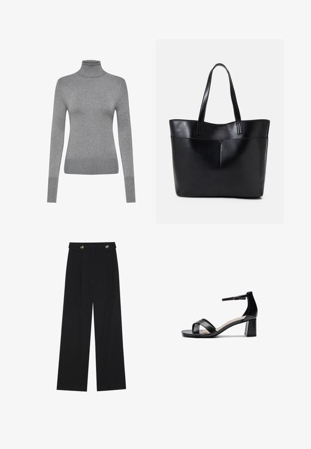 ONLY ONLVENICE ROLLNECK - Stickad tröja - light grey melange; Svarta vida byxor med hög midja, knäppdetaljer i midjan och framfickor.; Svart öppen tå klacksandaler med korsade remmar, justerbart vristband och en kraftig klack, med en slät lädertextur.; Svart läder tote-väska med två långa handtag, en slät yta och en strukturerad form. Har en framficka för extra förvaring.