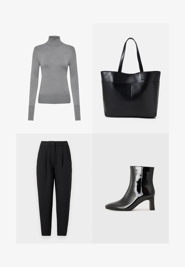 ONLY ONLVENICE ROLLNECK - Strickpullover - light grey melange; Schwarze Hose mit geradem Schnitt, die auf der Vorderseite Falten hat, eine glatte Textur und seitliche Taschen bietet. Der Bund hat eine Standardhöhe.; Schwarzer Lackleder-Stiefelette mit spitzer Zehe und einem mittelhohen Blockabsatz. Glatte Textur und minimalistisches Design.; Schwarze Leder-Shopper-Tasche mit zwei langen Griffen, einer glatten Textur und einer strukturierten Form. Verfügt über eine Vordertasche für zusätzlichen Stauraum.