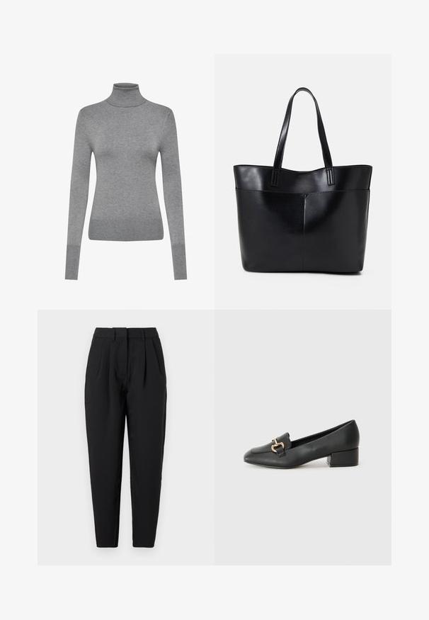 ONLY ONLVENICE ROLLNECK - Strikkegenser - light grey melange; Sorte bukser med rett passform, med legg foran, en jevn tekstur og sidelommer. Livet er av standard høyde.; Sorte skinnloafers med flat hæl, med dekorativ detalj i gull foran og en jevn tekstur.; Svart lær toteveske med to lange håndtak, en glatt tekstur og en strukturert form. Har en frontlomme for ekstra oppbevaring.