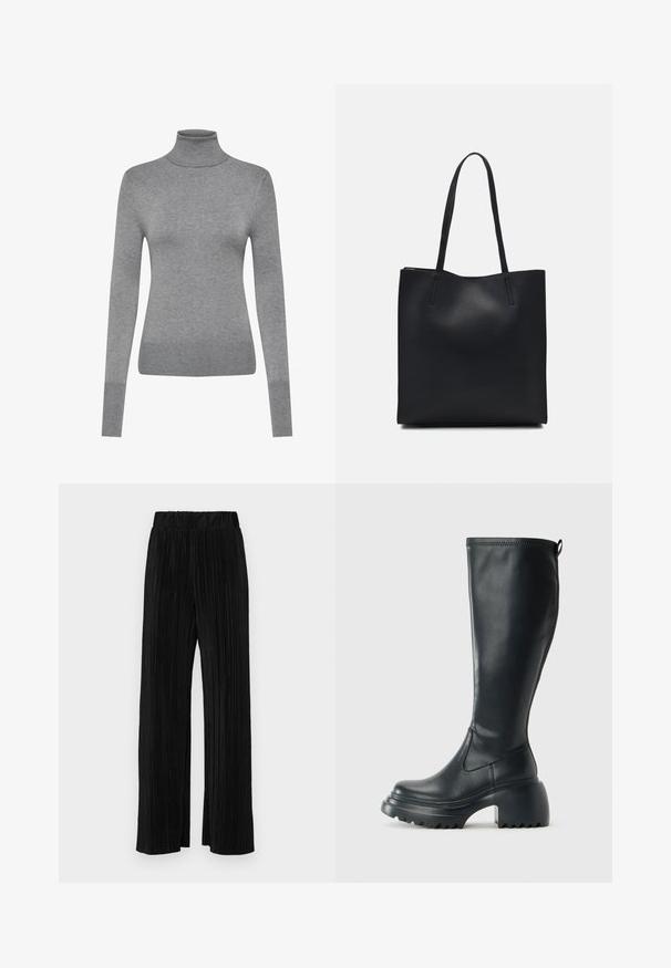 ONLY ONLVENICE ROLLNECK - Pullover - light grey melange; Pantalons plissés noirs avec une taille élastique. Présente des jambes larges et un tissu lisse texturé avec des rayures verticales.; Botte en cuir noir haute avec semelle plateforme épaisse et talon carré, dotée d'une languette et d'un motif texturé sur la semelle extérieure.; Sac fourre-tout en cuir noir avec une texture lisse, de forme rectangulaire et deux longues poignées. Pas de matériel ou d'ornementations visibles.