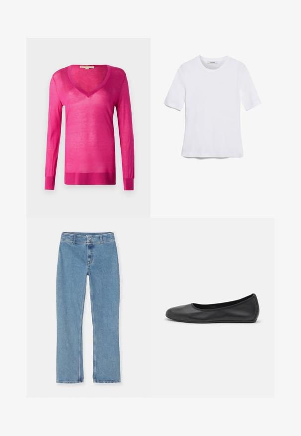 Fuchsie Langarm-V-Ausschnitt-Pullover aus leichtem, transparentem Material. Verfügt über einen gerippten Saum und Bündchen sowie eine insgesamt glatte Textur.; Weißes kurzärmliges T-Shirt aus geripptem Stoff. Runder Halsausschnitt, normale Passform und dezente Nähte. Keine Muster oder Grafiken.; Helle blaue gerade geschnittene Jeans aus Denim mit Knopf- und Reißverschluss, Gürtelschlaufen und Standardnähten auf weißem Hintergrund.; Schwarze Leder-Ballettschuhe mit abgerundeter Spitze, glatter Textur, minimalen Nähdetails und einem flexiblen Sohlen-Design.