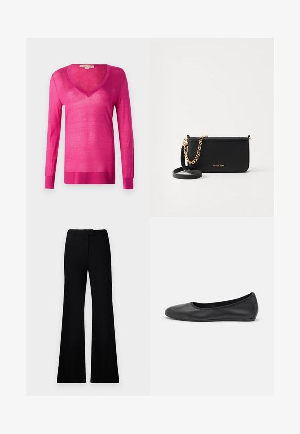 Fuchsia long-sleeve V-neck sweater made from lightweight, sheer material. Features a ribbed hem and cuffs, with a smooth texture overall.; Black flared pants featuring a smooth texture, tailored waistband, and front pockets, designed with a sleek, modern silhouette.; Black leather ballet flat with a rounded toe, smooth texture, minimal stitching detail, and a flexible sole design.; Black leather clutch with a gold chain accent, smooth texture, and gold logo detailing. Includes an adjustable strap for versatility.