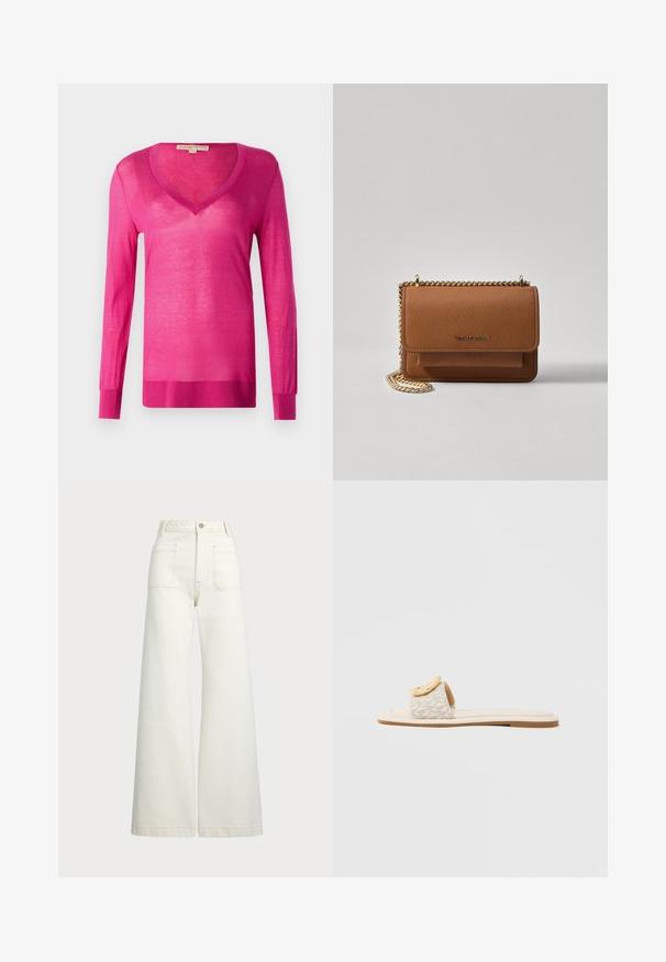Fuksia langermet V-hals genser laget av lett, gjennomsiktig materiale. Har ribbet kant og mansjetter, med en jevn tekstur totalt sett.; Vidde bukser i off-white denim. Høyt liv-design med knappelukking, to frontlommer og kontrastsøm detaljer.; Slip-onsandal med en beige rem med geometrisk mønster, en rundet gul detalj på overdelen og en flat, lys såle.; Brun teksturert lær crossover-veske med gullkjede-stropp og klaffelukking. Fronten har logo-detalj og en lomme under klaffen.