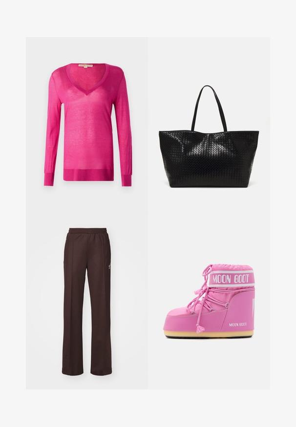 Fukszia hosszú ujjú V-nyakú pulóver, könnyű, áttetsző anyagból készült. Jellemzője a bordázott alsó szegély és mandzsetta, valamint az általános sima textúra.; Barna sport nadrág rugalmas derékkal, két oldalsó zsebbel és egy kis logóval a bal oldalon, puha anyagból készült.; Rózsaszín Hold Csizma magas szárú, texturált anyagból, dekoratív fűzőkkel és logózott pánttal. Tartós talppal rendelkezik a stabilitás érdekében.; Fekete szövött bevásárlótáska két strapabíró füllel, fényes felülettel és tágas, nyitott tetejű kialakítással.