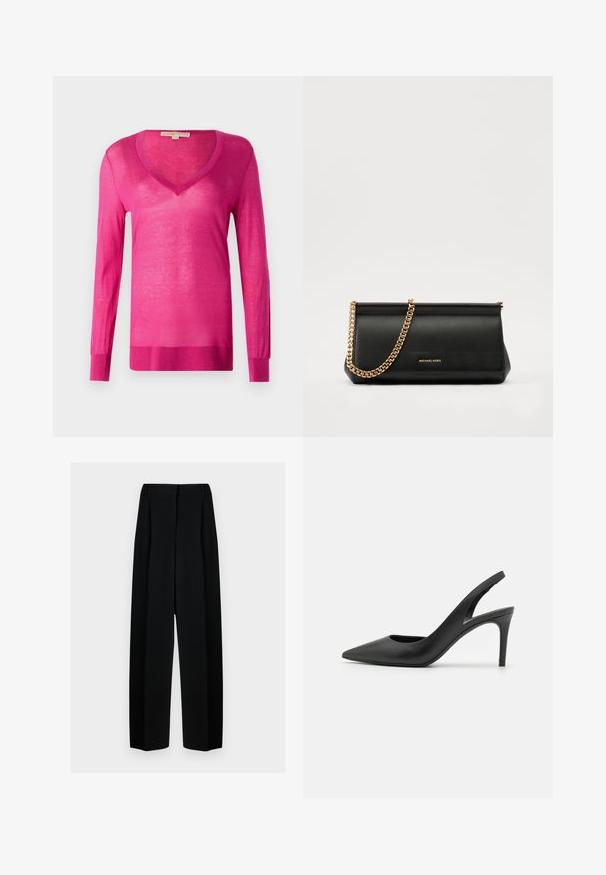 Fuksjowy sweter z długim rękawem w kształcie litery V, wykonany z lekkiego, przezroczystego materiału. Posiada prążkowane wykończenie u dołu i przy mankietach, o gładkiej fakturze całości.; Czarne spodnie o szerokich nogawkach z wysokim stanem, z plisami i gładką teksturą. Materiał wydaje się lekki i elegancko się układa.; Czarne skórzane sandały na obcasie z noskiem w szpic, z wycięciem z przodu i cienkim obcasem typu stiletto.; Czarna skórzana kopertówka z złotym łańcuszkiem, charakteryzująca się gładką fakturą, prostokątnym kształtem i wytłoczonym logo z przodu.