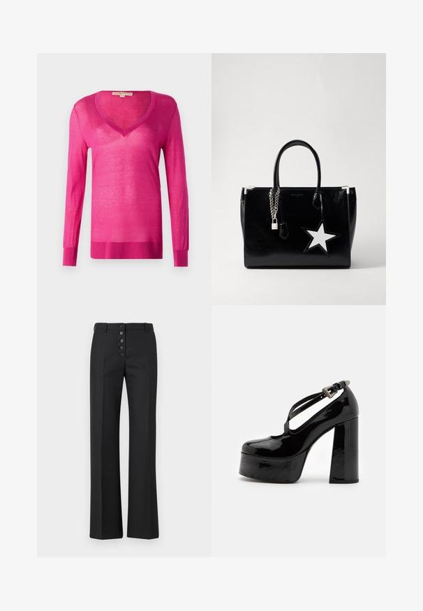 Fuksjowy sweter z długim rękawem w kształcie litery V, wykonany z lekkiego, przezroczystego materiału. Posiada prążkowane wykończenie u dołu i przy mankietach, o gładkiej fakturze całości.; The Kooples - Spodnie materiałowe; The Kooples CHAUSSURES czarny; Czarna torebka z lakierowanej skóry o eleganckim kształcie. Posiada srebrne metalowe elementy, zamek i biały akcent w kształcie gwiazdy z boku.