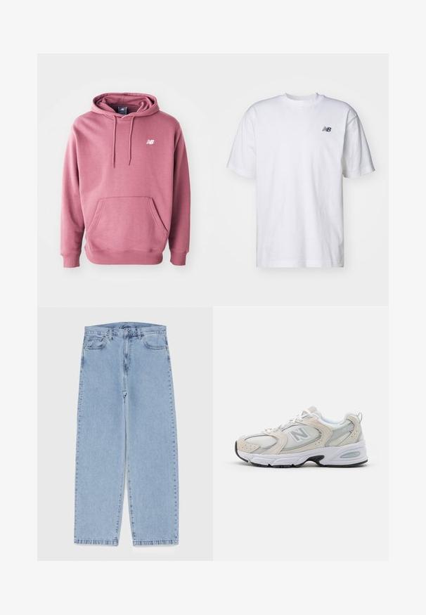 Felpa con cappuccio in rosa polveroso, realizzata in morbido tessuto, con tasca frontale e logo bianco sul petto. Vestibilità classica con polsini in costina.; T-shirt bianco a maniche corte con scollo rotondo e piccolo logo nero New Balance sul lato sinistro del petto, su uno sfondo neutro.; Jeans in denim azzurro chiaro con design a gamba dritta, caratterizzati da una vita media, cinque tasche e chiusura con bottone e zip.; Scarpa sportiva con tomaia in mesh grigio chiaro e accenti in suede, lacci bianchi e suola in gomma nera. Dettaglio di ammortizzazione ABZORB notevole.