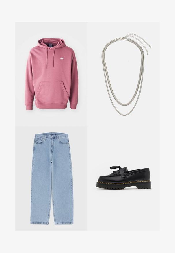 Sweatshirt com capuz em rosa envelhecido, feito de um tecido macio, apresentando um bolso frontal e um logótipo branco no peito. Ajuste clássico com punhos canelados.; Jeans de denim azul claro com design de perna reta, apresentando uma cintura de altura média, cinco bolsos e um fecho de botão e zíper.; Mocassim de couro preto com um detalhe de franjas, apresentando uma sola preta robusta e costura amarela ao longo da borda. Acabamento texturizado.; Colar de metal prateado em três camadas, com correntes flexíveis e elegantes que possuem um leve brilho, fechado com um fecho de lagosta e corrente ajustável.