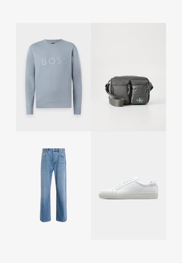 Světle modrý svetr s kulatým výstřihem, dlouhými rukávy a vyvýšeným nápisem "BOSS" na přední straně. Hladká látka s texturovaným povrchem.; Světle modré džínové kalhoty s rovnými nohavicemi, pěti kapsami, zapínáním na knoflík, minimálním vyblednutím a kontrastním prošitím.; Bílé tenisky s hladkým koženým svrškem a nízkým profilem. Mají zaoblenou špičku, šest nýtů a texturovanou gumovou podrážku.; Šedá nylonová crossbody taška s dvěma zipovými předními kapsami, nastavitelným popruhem a logem. Hladká textura s moderním designem.