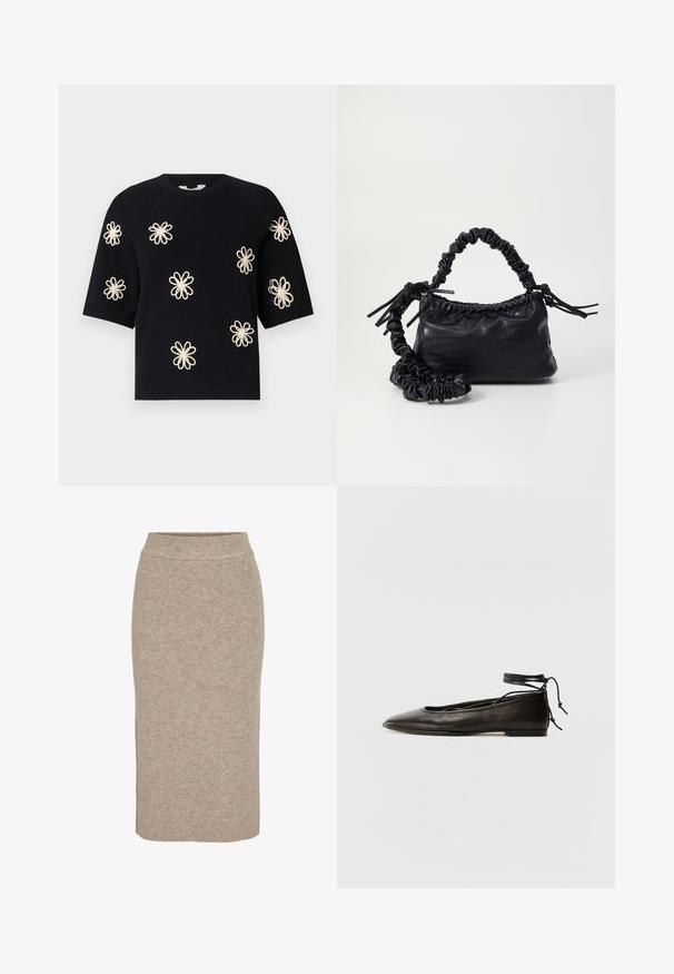 Melna adīta īsajiem piedurknēm svītra ar izšūtām krēmkrāsas ziedu izdrukām, kas vienmērīgi izvietotas visā priekšpusē, un ribota kakla un apakšmala.; Trikotāžas zīmuļsvārki gaismas bēšā krāsā, ar ribotu tekstūru, augsto jostasvietu un šaura piegriezuma siluetu. Apmale krīt zem ceļgala.; Melnas ādas baleta kurpes ar smailu purngalu, potītes saitēm un plakanu zoli, kas izceļas ar gludu tekstūru un minimālistisku dizainu.; Melnā mākslīgās ādas rokassoma ar krokodila rakstu, savilkta augšdaļa un saburzīta siksna. Izskatās mīksta un kompakta pēc dizaina.