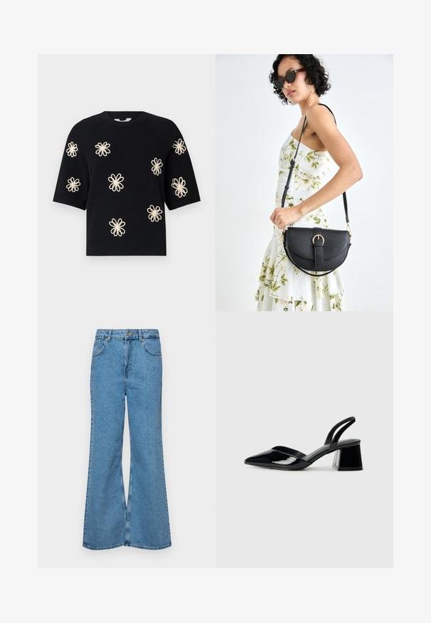 Černý pletený svetr s krátkým rukávem, zdobený vyšívanými květinovými vzory v krémové barvě, které jsou rovnoměrně rozmístěny na přední straně, a s žebrovaným výstřihem a spodním lemem.; Světle modré rozšířené džíny z denimu, se zvýšeným pasem, pěti kapsami a jedním knoflíkem na zapínání. Měkký povrch s vybledlým vzhledem.; Černé lakované kožené lodičky na pásku s špičatou špičkou a geometrickým blokovým podpatkem. Vyznačují se elegantním, minimalistickým designem a hladkým povrchem.; Černá kožená kabelka s křivkovým tvarem, odnímatelným popruhem a zlatými detaily. Kabelka má klopu s přezkou.