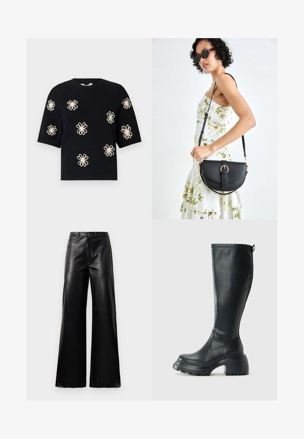 Czarny krótki sweter z dzianiny z krótkim rękawem, zdobiony haftowanymi kremowymi wzorami kwiatowymi równomiernie rozmieszczonymi na przedzie oraz ribbowanym dekoltem i brzegiem.; Czarne, wysokie na talii, szerokie spodnie z sztucznej skóry z guzikami z przodu, zapięciem na zamek, szlufkami na pasek i bocznymi kieszeniami na białym tle.; Wysokie czarne skórzane botki z masywną platformą i słupkowym obcasem, z uchwytem i teksturowanym bieżnikiem na podeszwie.; Czarna skórzana torebka o zakrzywionym kształcie, z odpinanym paskiem i złotymi akcentami. Torebka posiada klapę z zapięciem w kształcie klamry.