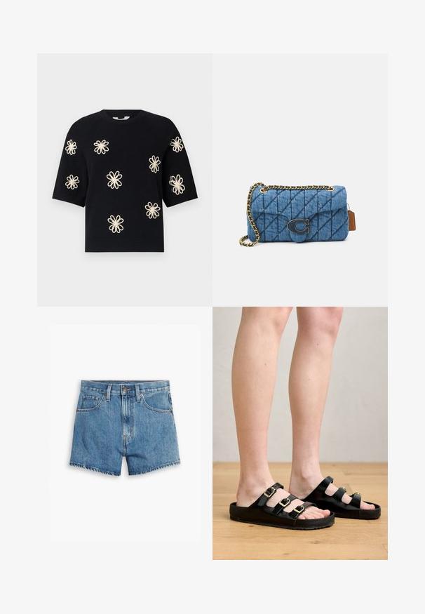 Mustast kootud lühikeste varrukatega sviiter, mille ees on ühtlaselt jaotatud kõrge heledaid lillemustreid ja millel on soonik kaelus ja äär.; Heledad teksapüksid helesinisena, millel on viis taskut, tõmblukk ja nööpkinnitus. Varrukad on lõdvenenud ja servad on kulunud.; Mustad mustad, mis on valmistatud siledast materjalist, millel on kolm reguleeritavat rihma kuldsete pandlatega ja tasane tall, millel on tekstuurne haard.; Sinine pehmendatud teksakott õlgadel, millel on kuldne kett ja silmapaistev kuldne logo aktsent ees. Kompaktne ristkülikuline kuju.