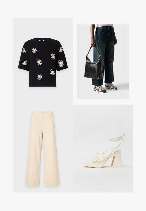 Mustast kootud lühikeste varrukatega sviiter, mille ees on ühtlaselt jaotatud kõrge heledaid lillemustreid ja millel on soonik kaelus ja äär.; Bežid laiad teksad, mis on valmistatud puuvillast. Omab nööbilukku, vöökohakujusid ja eesmine taskuid, millel on sile ja pehme tekstuur.; Valged kõrge kontsaga sandaalid, millel on paks konts ja rihmadega disain koos pahkluu sidumisega. Sile tekstuur ja platvorm ees, et lisada kõrgust.; Must musta õlakott, millel on sile tekstuur ja reguleeritav rihm, koos pleekinud laia jalgadega teksade ja sportlike tossudega.