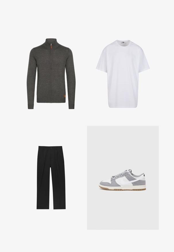 Grau zip-up Sweatshirt mit hohem Kragen, strukturierter Ripp-Textur und einem kleinen Lederakzent am unteren linken Rand. Lange Ärmel und taillierte Passform.; Weiße Baumwoll-T-Shirt mit kurzen Ärmeln, rundem Ausschnitt, lockerer Passform und ohne sichtbare Logos oder Muster. Glatte Textur und minimalistisches Design.; Schwarze Hose mit geradem Schnitt, aus einem glatten Stoff gefertigt. Verfügt über Vorderfalten und einen einzelnen Knopfverschluss an der Taille.; Nike-Sneaker verfügen über ein graues Wildleder- und weißes Lederoberteil mit Perforationen, runden Schnürsenkeln und einer Gummisohle für besseren Halt.
