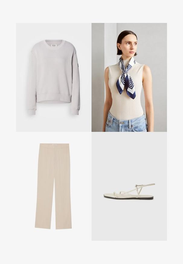 Világosszürke pulóver kerek nyakkal, hosszú ujjal, bordázott mandzsettával és enyhén cropped fazonnal. Finom elülső varrással rendelkezik.; Beige, bőszárú nadrág sima textúrával, testre szabott fazonnal, két elülső zsebbel és finom gyűrődéssel a szárakon.; Beige lapos szandál, amelyet több vékony pánt díszít, és állítható csattal rendelkezik. A talpa lapos, az élein enyhe sötét kontraszttal.; Sötétkék és fehér selyem sál geometrikus zigzag mintával. Sima textúra, szépen megkötve a nyak körül, ami kiegészíti a bordázott felsőt.