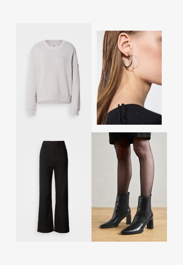 Ljusgrå sweatshirt med rund hals, långa ärmar, ribbade muddar och en något cropped fåll. Har diskreta sömmar fram.; Svarta vida byxor med en slät textur, hög midja och en enkel design. Inga synliga fickor eller dekorationer.; Svarta läderankelstövlar med spetsig tå, kraftig kvadratisk klack och en slank design. Har elastiska sidopaneler för enkel påtagning.; Silverörhänge med polerad yta, med små detaljer i guld och rund form, bärs på loben.