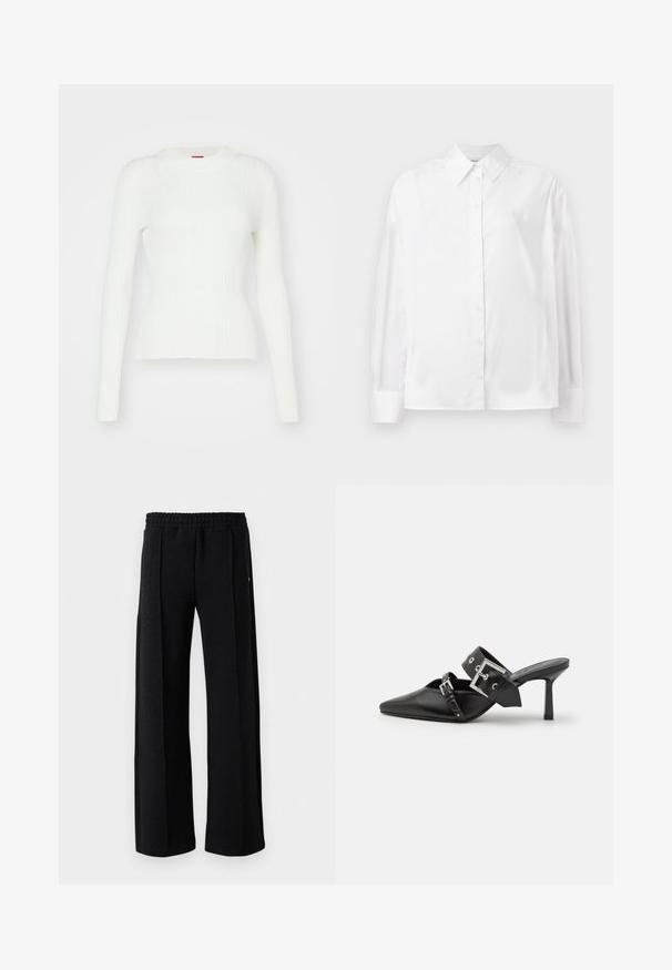 Pull à manches longues blanc à côtes avec une silhouette ajustée et un col rond. Texture douce et élasticité subtile. Fini avec un ourlet droit.; Chemise blanche à manches longues, en mélange de coton lisse. Présente un col classique, une fermeture à boutons sur le devant et des poignets arrondis.; Pantalons noirs à jambe droite avec taille élastique et un motif texturé subtil sur l'ensemble du tissu sur un fond blanc.; Mules noires à talons hauts avec un bout pointu, en cuir lisse. Dotées d'une large sangle à la cheville avec une boucle carrée en argent et des clous.