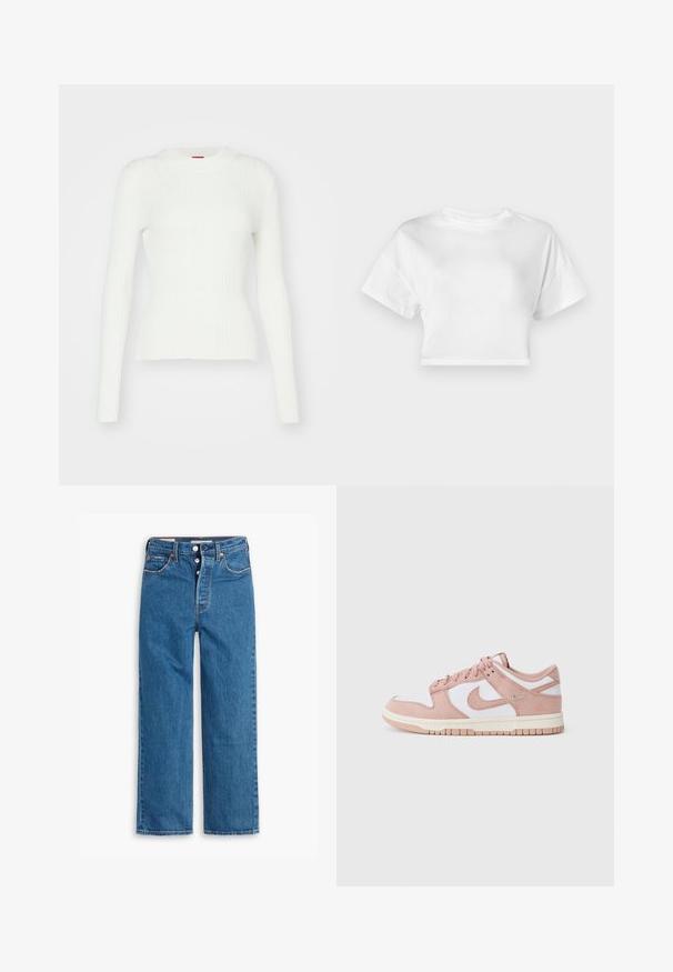 Bílé žebrované dlouhý rukáv svetr s přiléhavým střihem a kulatým výstřihem. Měkká textura a jemný elastický materiál. Dokončeno rovně střiženým lemem.; Bílé zkrácené tričko vyrobené z bavlny. Krátké rukávy, kulatý výstřih, hladká textura, volnočasový design bez vzorů nebo ozdob.; Modré džíny se rovnými nohavicemi a vysokým pasem, pět kapsovým designem a knoflíkovým zapínáním. Vykazuje výrazné švy a měděné nýty.; Tenisky mají měkký růžový semišový svršek, bílé kožené panely a texturovanou gumovou podrážku. Na bočních stranách se nachází výrazné logo „swoosh“ a šněrovací design.