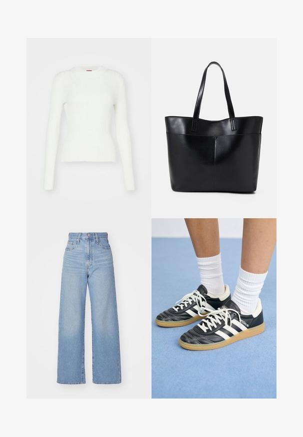 Vit ribbad långärmad tröja med en figurnära silhuett och rund halsringning. Mjuk textur och subtil elastisitet. Avslutad med en rak fåll.; Ljusblå högmidjade vida jeans med knapp- och dragkedjestängning, fram- och bakfickor, mot en vit bakgrund.; Svarta lädersneakers med vita ränder, rund tå, vita snören och sula av gummirubber. Betonar en vadderad krage och varumärkesdetaljer.; Svart läder tote-väska med två långa handtag, en slät yta och en strukturerad form. Har en framficka för extra förvaring.