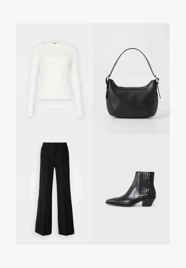 Witte geribbelde trui met lange mouwen, een getailleerde silhoutte en ronde halslijn. Zachte textuur en subtiele stretch. Afgewerkt met een rechte zoom.; Zwarte broeken van soepele stof, met een hoge taille, wijde pijpen en twee plooien aan de voorkant voor extra ontwerpelementen.; Zwarte leren enkellaars met spitse neus, elastische zijpanelen met verticale groeven en een lage blokhak. Glad oppervlak en slank ontwerp.; Zwarte leren handtas met een gebogen vorm, zilveren rits en een korte handgreep. Bevat een subtiel logo aan de voorkant en een gladde textuur.