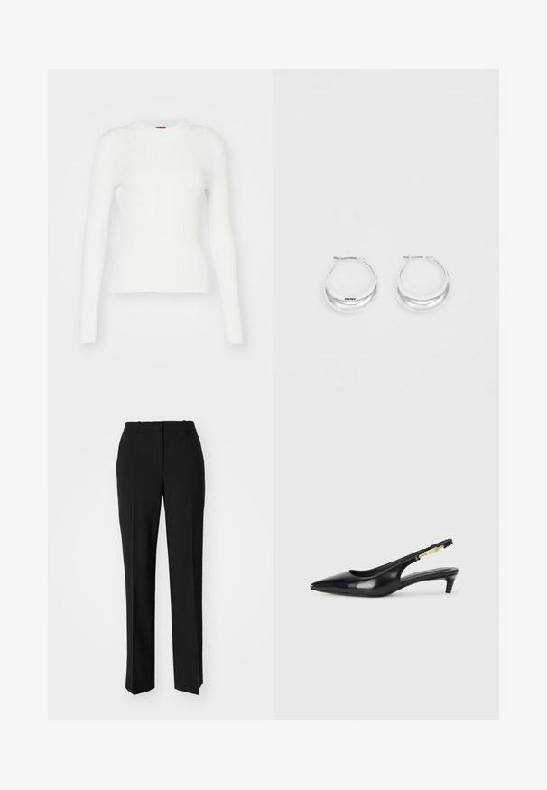 Suéter blanco de manga larga acanalado con una silueta ajustada y cuello redondo. Textura suave y sutil elasticidad. Terminado con un dobladillo recto.; Pantalones negros ajustados con un diseño de pierna recta, que presentan una textura suave y pliegues nítidos en el frente. Sin herrajes visibles.; Tacones negros de piel sintética tipo slingback con punta afilada, que cuentan con un tacón delgado y un detalle en tono dorado en la correa ajustable. Textura suave.; Pendientes de aro de plata con un acabado pulido y la marca DKNY, exhibidos sobre un fondo blanco liso.